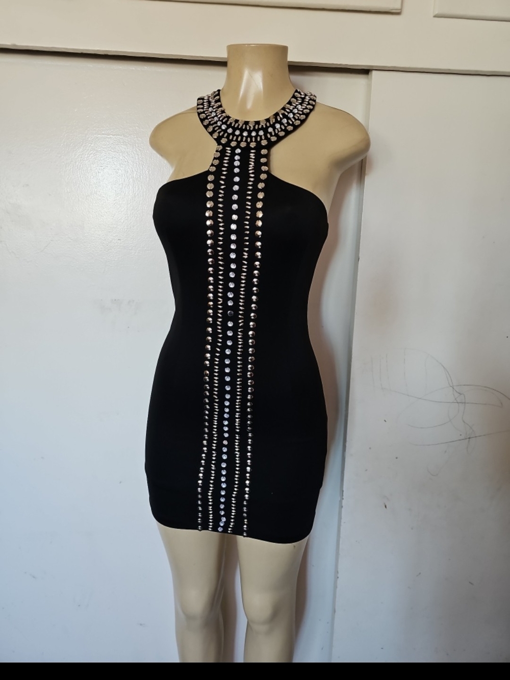 Minuet Petite Black Halter Mini Dress with Silver Embellishments